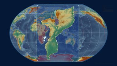 Kavrayskiy projeksiyonundaki küresel bir haritaya karşı perspektif çizgileriyle Mozambik 'in görüntüsünü yakınlaştırdım. Şekil merkezli. topografik yardım haritası