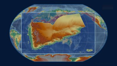 Kavrayskiy projeksiyonundaki küresel bir haritaya karşı Yemen 'in perspektif çizgileriyle yakınlaştırılmış görüntüsü. Şekil merkezli. topografik yardım haritası