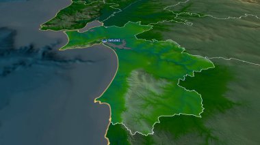 Portekiz 'in Setubal- bölgesi sermaye ile yakınlaştırıldı ve vurgulandı. Ana fiziksel manzara özellikleri. 3B görüntüleme