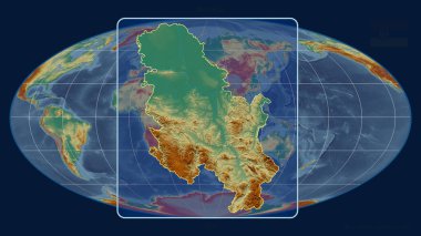 Sırbistan 'ın Mollweide projeksiyonundaki küresel haritaya bakış açısıyla yakınlaştırılmış hali. Şekil merkezli. topografik yardım haritası