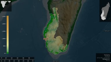 Madagaskar 'ın otonom bölgesi. Gölleri ve nehirleri olan renkli gölge verileri. Ülke alanına karşı bilgilendirici örtülerle sunulan şekil. 3B görüntüleme