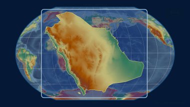 Suudi Arabistan 'ın, Kavrayskiy projeksiyonundaki küresel haritaya karşı perspektif çizgileriyle yakınlaştırılmış görüntüsü. Şekil merkezli. topografik yardım haritası