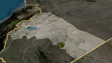 Rif Dimashq - Suriye vilayeti yakınlaştırıldı ve sermaye ile vurgulandı. Uydu görüntüleri. 3B görüntüleme