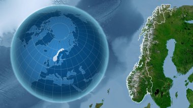 Norveç. Zoom haritasına karşı ülkenin şekline sahip bir dünya. uydu resimleri