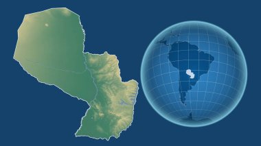 Paraguay. Yakınlaştırılmış haritaya karşı ülkenin şekline sahip dünya mavi arka planda izole edilmiş. topografik yardım haritası