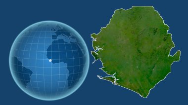 Sierra Leone. Yakınlaştırılmış haritaya karşı ülkenin şekline sahip dünya mavi arka planda izole edilmiş. uydu resimleri