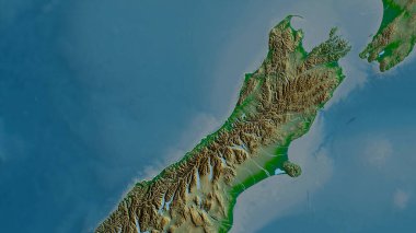 Batı Yakası, Yeni Zelanda bölge konseyi. Gölleri ve nehirleri olan renkli gölge verileri. Ülke alanına göre şekillendirilmiş. 3B görüntüleme