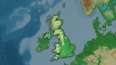 Stereografik projeksiyondaki topoğrafik yardım haritasında Birleşik Krallık bölgesi - koyu parlak ana hatlı raster tabakalarının ham bileşimi