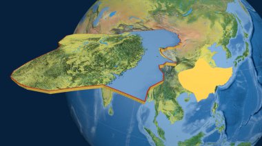 Yangtze tektonik plakası yayıldı ve dünyaya karşı sunuldu. topografik harita. 3B görüntüleme