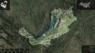 Buryat, Rusya Cumhuriyeti. Uydu görüntüleri. Ülke alanına karşı bilgilendirici örtülerle sunulan şekil. 3B görüntüleme
