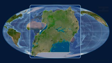 Mollweide projeksiyonundaki küresel bir haritaya karşı perspektif çizgileri olan Uganda ana hatlarına yakınlaştırıldı. Şekil merkezli. uydu resimleri