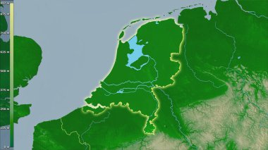 Efsanevi stereografik projeksiyondaki Hollanda bölgesinin fiziksel haritası - ışık saçan ana hatlı raster tabakalarının ham bileşimi