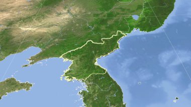 Kuzey Kore ve mahallesi. Uzak eğimli perspektif - şekil çizilmiş. uydu resimleri