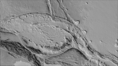 Tektonik plakalar, Manus plaka alanına komşu bölgelerin gri tonlu haritasında yer almaktadır. Van der Grinten I yansıması (eğik dönüşüm)