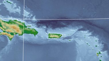 Porto Riko. Mahalle - ülkenin dış hatlarıyla uzak perspektif. renk fiziksel haritası