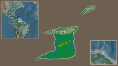 Trinidad ve Tobago 'ya ve bölgedeki konumuna ve geniş çaplı bir dünya haritasının merkezine yakın çekim. Renk fiziksel haritası