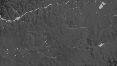 Suhbaatar, Moğolistan vilayeti. Gölleri ve nehirleri olan gri tonlu bir harita. Ülke alanına göre şekillendirilmiş. 3B görüntüleme