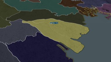 Ben Tre - Vietnam vilayeti sermaye ile yakınlaştırıldı ve vurgulandı. İdari bölümün renkli ve çarpık haritası. 3B görüntüleme