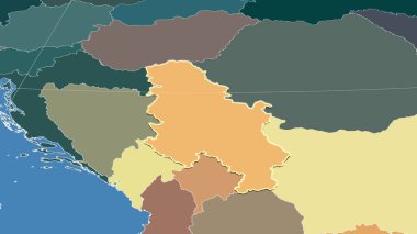 Sırbistan ve komşuları. Uzak eğimli perspektif - şekil çizilmiş. idari bölümlerin renk haritası