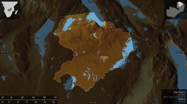 Kuzey, Zambiya vilayeti. Göller ve nehirlerle renkli rahatlama. Ülke alanına karşı bilgilendirici örtülerle sunulan şekil. 3B görüntüleme