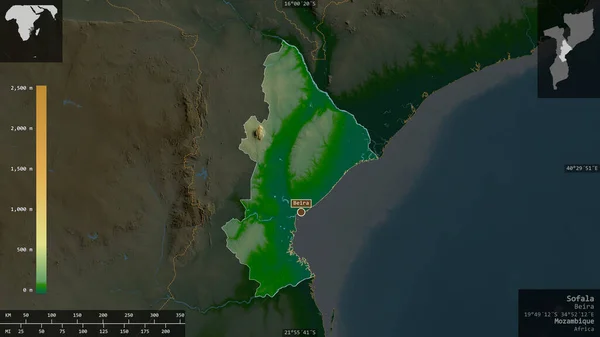 Sofala Provincie Mozambique Gekleurde Schaduwgegevens Met Meren Rivieren Vorm Gepresenteerd — Stockfoto