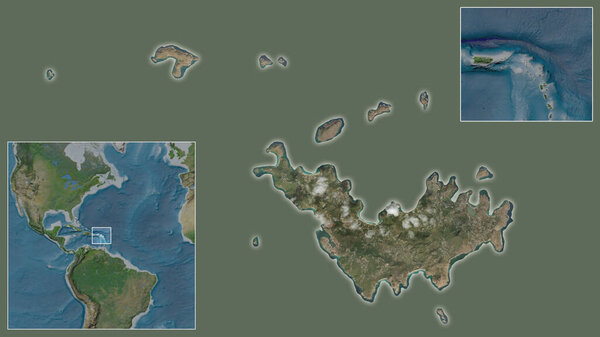 Close-up of Saint Barthelemy and its location in the region and in the center of a large-scale world map. Satellite imagery