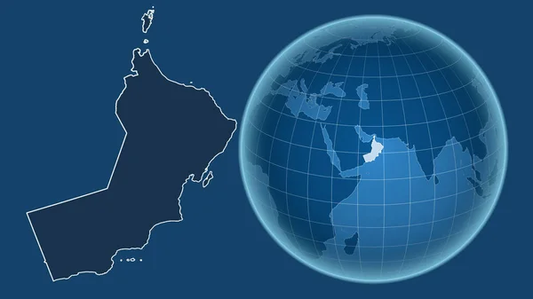 Omane Globe Tvarem Země Proti Zvětšené Mapě Obrysem Izolovaným Modrém — Stock fotografie