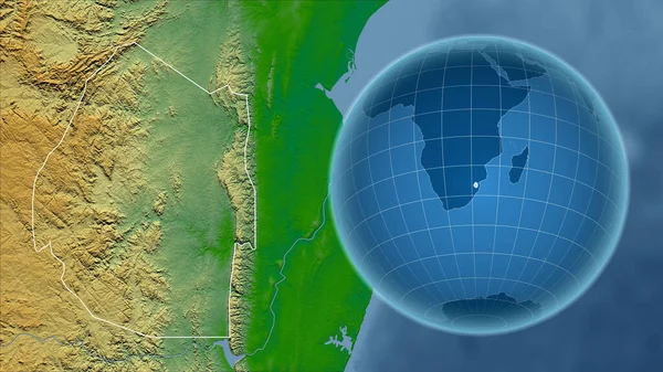 スワジランド アウトラインを持つ拡大地図に対して国の形を持つグローブ 色物理図 — ストック写真