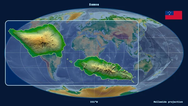 Передбачений Точки Зору Самоа Контур Перспективними Лініями Проти Глобальної Карти — стокове фото