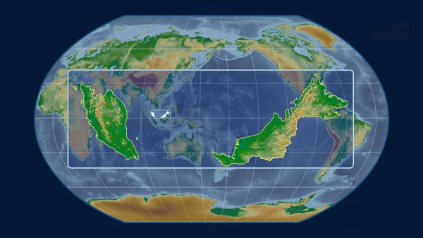 Zoomed-in view of Malaysia outline with perspective lines against a global map in the Kavrayskiy projection. Shape centered. color physical map