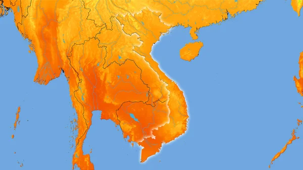 立体投影中的年温度图上的越南地区 有发光轮廓的光栅层的原始成分 — 图库照片