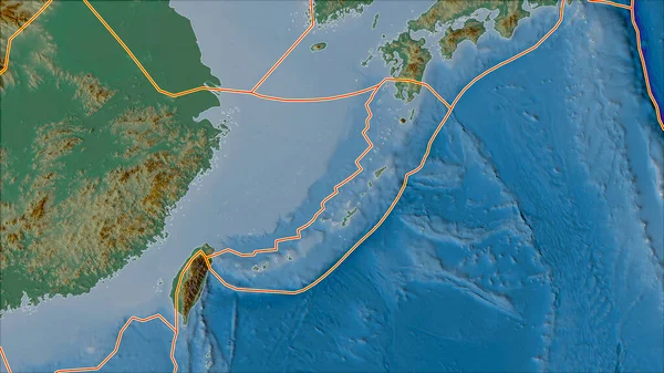 沖縄プレートエリアに隣接するエリアのレリーフマップ上の構造プレート境界 ヴァン グリンテンI予測 斜めの変換 — ストック写真
