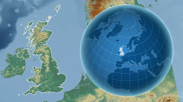 Großbritannien Globus Mit Der Form Des Landes Gegen Vergrößerte Landkarte — Stockfoto