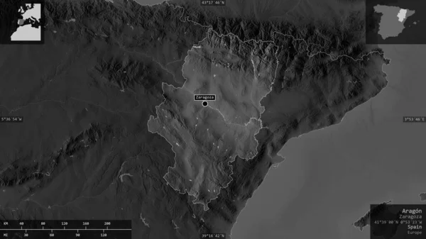 Aragon , autonomous community of Spain. Grayscaled map with lakes and rivers. Shape presented against its country area with informative overlays. 3D rendering
