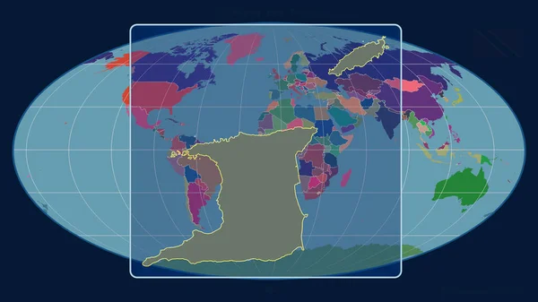 トリニダード トバゴを視野に入れつつ拡大し モルウェイド予測の世界地図に対する視点線で輪郭を描きます 形を中心に 行政区画のカラーマップ — ストック写真