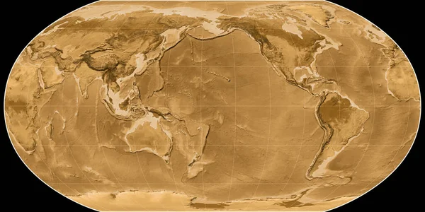 罗宾逊投影中的世界地图以西经170度为中心 塞皮亚着色的高程图 光栅与满意的原始复合材料 3D插图 — 图库照片
