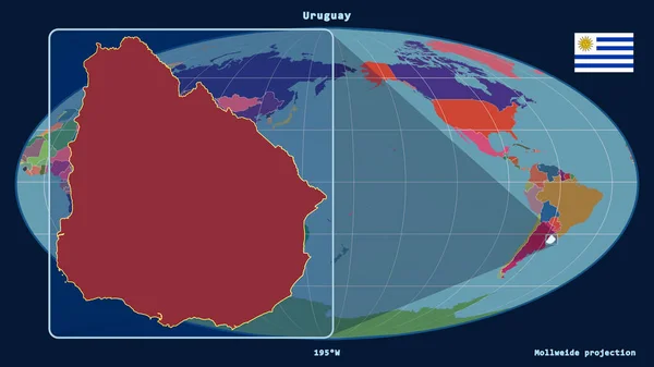 우루과이의 전경은 Mollweide Projection 지도에 선으로 장식되어 왼쪽에 있습니다 구역의 — 스톡 사진