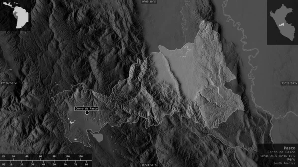 Паско Область Перу Карта Масштабе Grayscaled Лаками Риверами Форма Представленная — стоковое фото