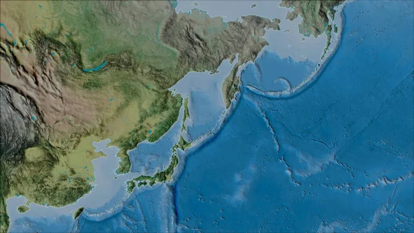 Van Der Grinten Projeksiyonunda Eğik Dönüşüm Topografik Haritada Okhotsk Tektonik — Stok fotoğraf