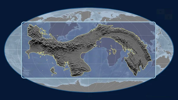 パナマのアウトラインを視野線で拡大し モルルワイド予測の世界地図に対して 形を中心に グレースケール標高図 — ストック写真
