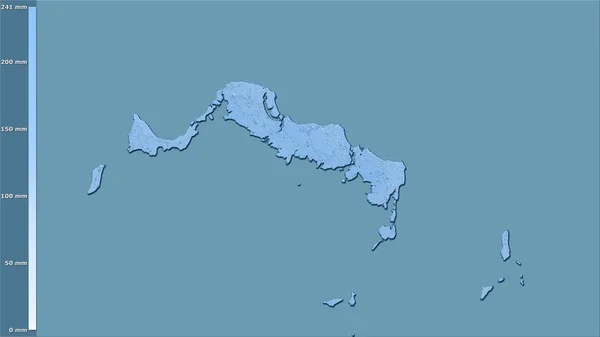 特克斯和凯科斯群岛地区内带有图例的立体投影中最寒冷的季度降水量 栅格层的原始成分 — 图库照片
