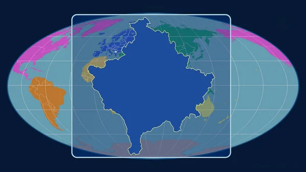 Zoomed View Kosovo Outline Perspective Lines Global Map Mollweide Projection — Stock Photo, Image