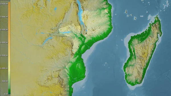 Fizyczna Mapa Obszaru Mozambiku Projekcji Stereograficznej Legendą Surowa Kompozycja Warstw — Zdjęcie stockowe