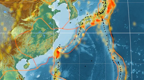 カヴァライスキー プロジェクションの全球地形図に概説された沖縄地震プレート 3Dレンダリング — ストック写真