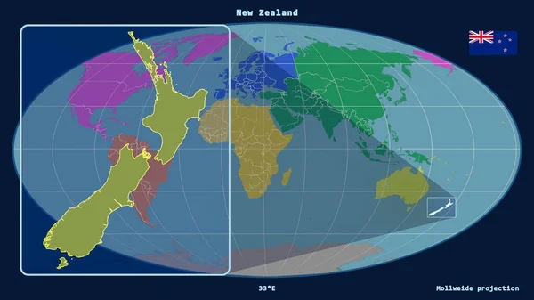 Увеличенный Вид Новой Зеландии Перспективными Линиями Против Глобальной Карты Проекции — стоковое фото