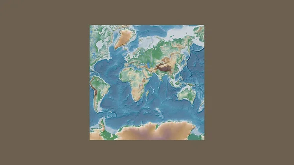 世界大比例尺地图的正方形框架 呈倾斜的范德格林登投影 以索马里领土为中心 彩色物理图 — 图库照片