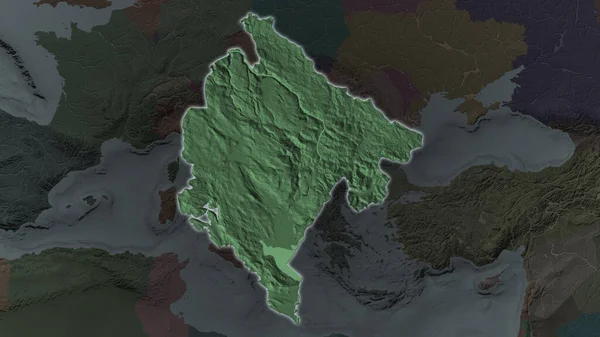 Montenegro Área Ampliada Brilló Sobre Fondo Oscuro Sus Alrededores Mapa —  Fotos de Stock