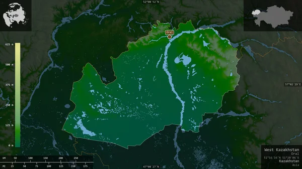 West Kazachstan Regio Kazachstan Gekleurde Schaduwgegevens Met Meren Rivieren Vorm — Stockfoto
