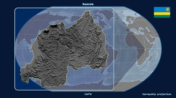 根据Kavrayskiy投影中的全球地图 用透视线将卢旺达的轮廓放大 在左边的形状 灰度高程图 — 图库照片