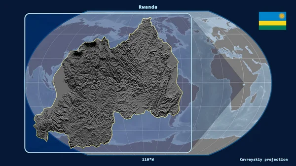 ラワンダのアウトラインを視野に入れ 世界地図に対する視点線をカヴァライスキー投影で拡大した 左側の形 グレースケール標高図 — ストック写真